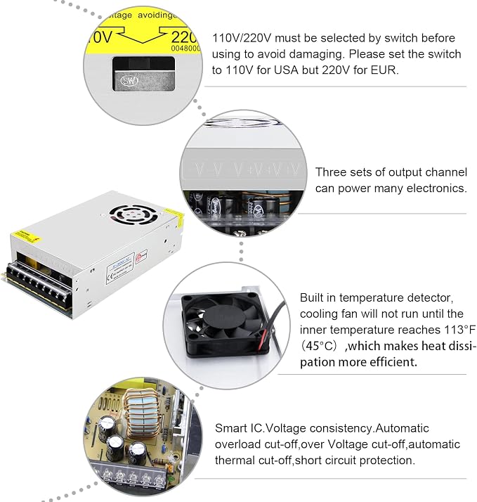 ALITOVE 12V Power Supply 25A 200W 12 Volt 25 Amp Transformer 110V/220V Universal Switching Power Adapter AC to DC Converter for LED Strip Light CCTV Camera Security System 3D Printer Stereo Radio