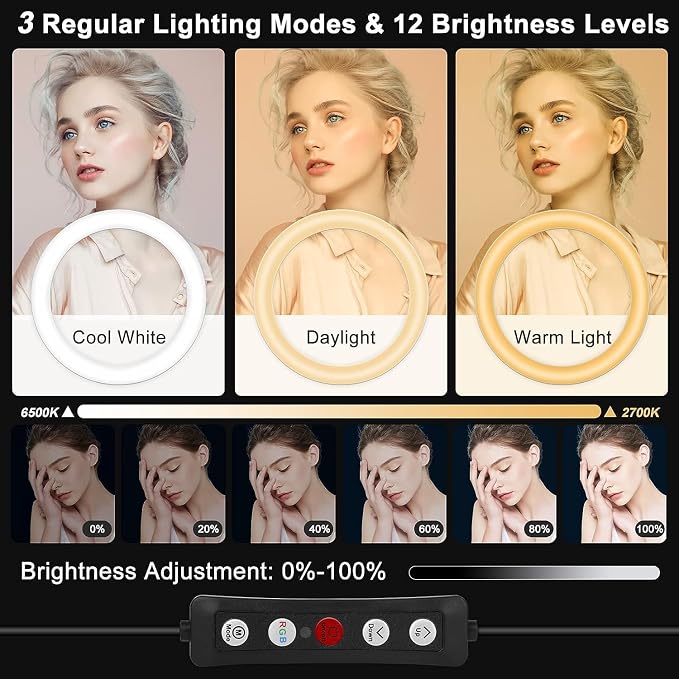 10.3" Selfie Ring Light with Stand and Phone Holder, 73" Tripod, 96 RGB Lighting Modes, Remote for iPhone &Android Camera. LED Halo Light for Photo, Video Recording, TikTok. Circle Ringlight Dimmable