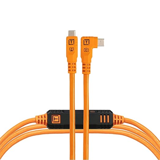 Tether Tools TetherPro Optima 10G USB-C Exclusive Data Transfer, 6’ (1.8m) Straight to Right Angle Cable - Orange