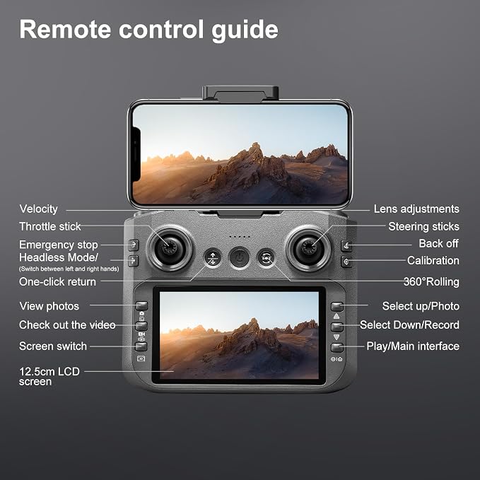 ikaufen S156 Brushless Drone with Dual Camera, Optical Flow Hover, 90° Adjustable Lens, 50X Zoom, 12.5cm Screen Remote Control, LED Night Lights, RC Quadcopter for Beginners (S156 Big screen control (Dark grey))