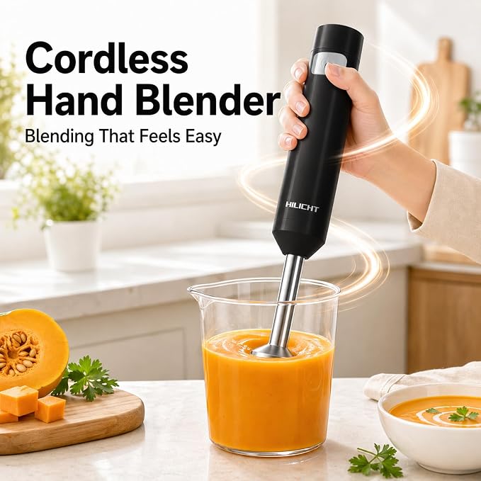 Cordless Immersion Hand Blender (Stick Blender) – Smooth, Controlled Blending for Everyday Cooking, 12V Brushless Motor, Pressure-Sensitive Variable Speed, USB-C Rechargeable, Easy-Clean (Black)