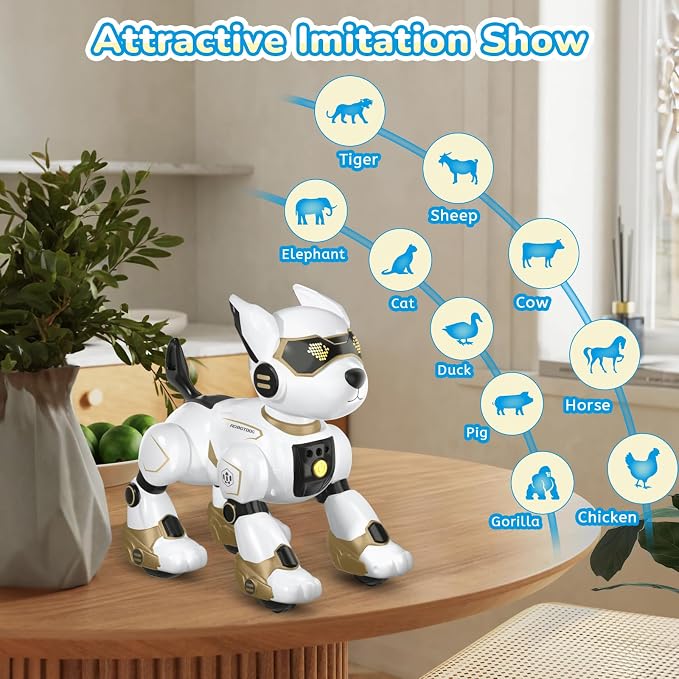 PeachLeaf Robot Dog Toy for Kids, Programmable Interactive RC Pet with Voice Control & Touch Sensor, Imitates Animal Sounds, Plays Music, Dance Modes, Robotic Puppy Toy for Kids Boys & Girls (Gold)