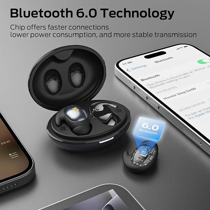 Monster Sleep Ear100 Ear Buds, Sleep Headphones with Stereo Sound, Design for Side Sleeper, 32H Playtime, Bluetooth 6.0, ENC Noise Cancelling, IPX6 Waterproof Mini Earbuds, Black