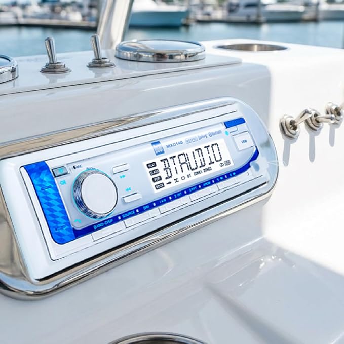 Dual Electronics MXD140 Marine Stereo with Built-in Bluetooth | Single DIN 8-Character Sunlight-Readable LCD Display | Weatherproof | AM/FM Stereo Receiver | USB Port with 2.1 A Charging | White