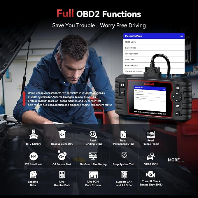 iCarsoft VAWS V2.0 2026 Ver OBD2 Scanner All System Diagnostic Tool for VW, Audi, Bentley, Bugatti, Seat, Man LD, Skoda and etc, 9 Special Services 118 Live Data Battery Test Check Engine Code Reader