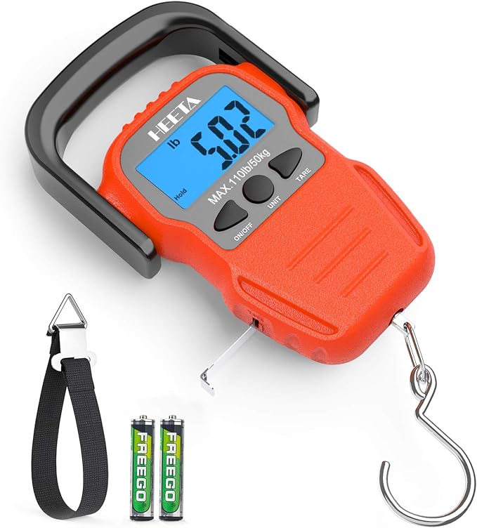 HEETA Fish Scale with Backlit LCD Display, Up to 110lb/50kg Digital Portable Hanging Fish Weight Scale with Hook & Measuring Tape for Home, Farm, Outdoor, Hunting, Fishing, 2 AAA Batteries Included