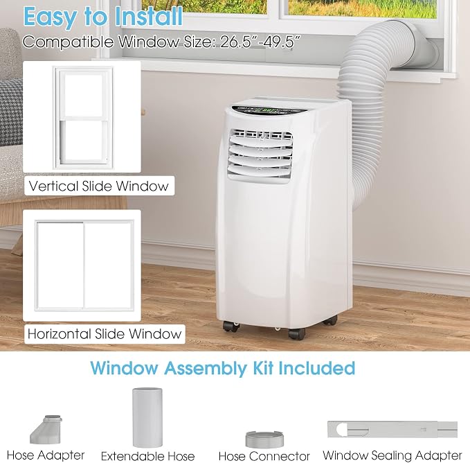 COSTWAY Portable Air Conditioners, 8000 BTU Air Conditioner Unit spaces up to 230 Sq.Ft with Remote Control Dehumidifier Function Window Wall Mount, 4 Caster Wheel, Sleep Mode and 2 Fan Speed
