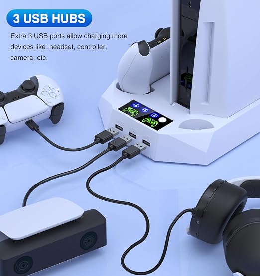 PS5/Slim/Pro Cooling Station for PlayStation 5 Console Disc/Digital Edition - PS5 Slim Pro Cooling Stand with Controller Charging Station Accessories-Cooler Fan/Headset Holder/3 USB Hub, White