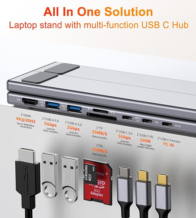Mukiya USB C Laptop Docking Station Stand, Dock Tablet Stand, 8 in 1 USB C Hub with 4K HDMI, 2 USB 3.0, PD 100W, Universal Computer Holder Dock Station for MacBook Pro/Air/Dell/HP/Surface/Lenovo