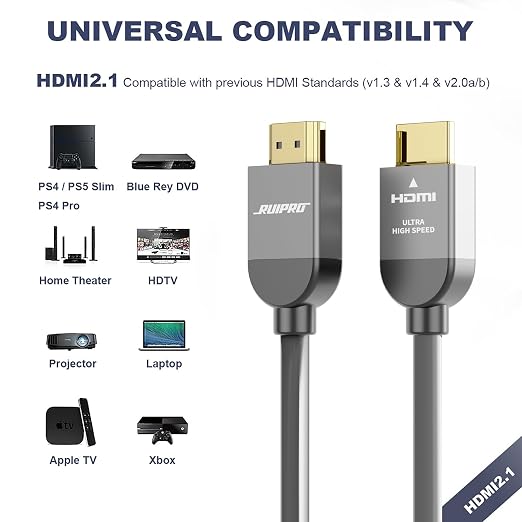 RUIPRO 8K HDMI Ultra High Speed Certified Cable 16 Feet 48Gbps 8K60Hz 4K120Hz Dynamic HDR eARC HDCP2.2/2.3 for RTX4080/4090/3080/3090, Xbox S/X, PS5/4, AVR, Projector, LG/Samsung/Sony TV