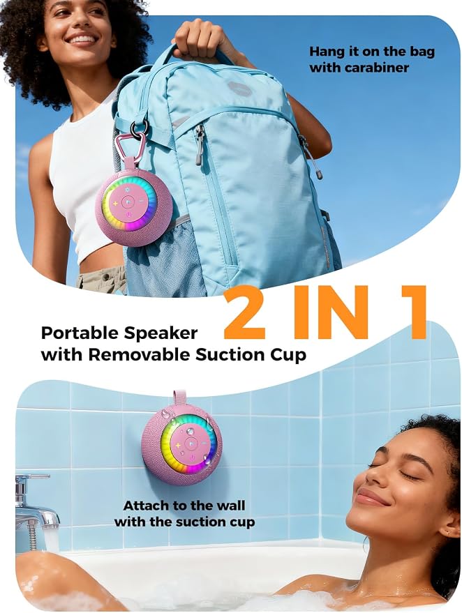 Bluetooth Shower Speaker Waterproof IPX7: Removable Vacuum-Lock Suction Cup, 360° Surround Sound, RGB Light, Portable Wireless Speaker for Beach, Pool, Kayak, Back to School Gifts for Adult Teen-Pink