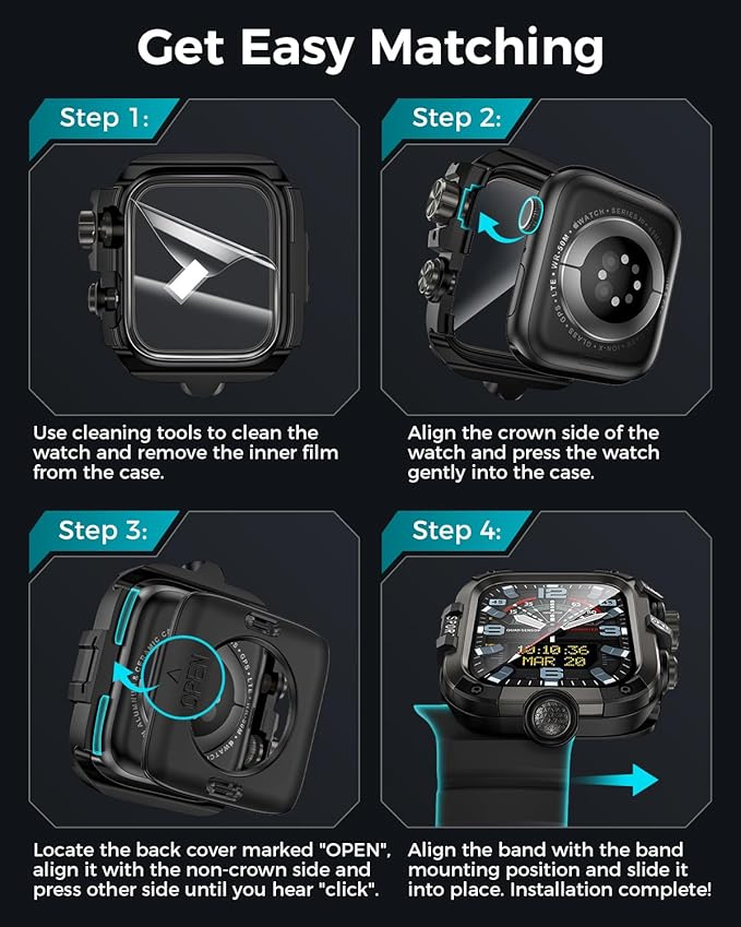 Goton Rugged Case and Band Kit with Screen Protector for Apple Watch 46mm, Compatible with Apple Watch Series 11/10, Full Body Shockproof Metal+PC Bumper Cover with Soft Band, 46mm Black