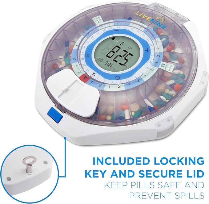 LiveFine WiFi Automatic Pill Dispenser and Remote Medication Monitoring System with Locking Key, 28-Day Medication Organizer Up To 9 Doses Per, Adjustable Light/Sound Alarms For Prescriptions & Vitami