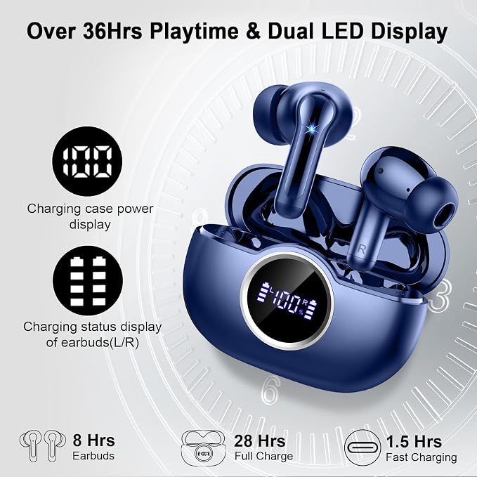 Wireless Earbuds, Bluetooth 5.4 Headphone 3D Stereo Bass Ear Bud, 4 ENC Noise Cancelling Mic, 40+Hrs USB-C in-Ear Earphone, IP-X7 Waterproof Headset Sport Workout Gym for Laptop Pad Android iOS