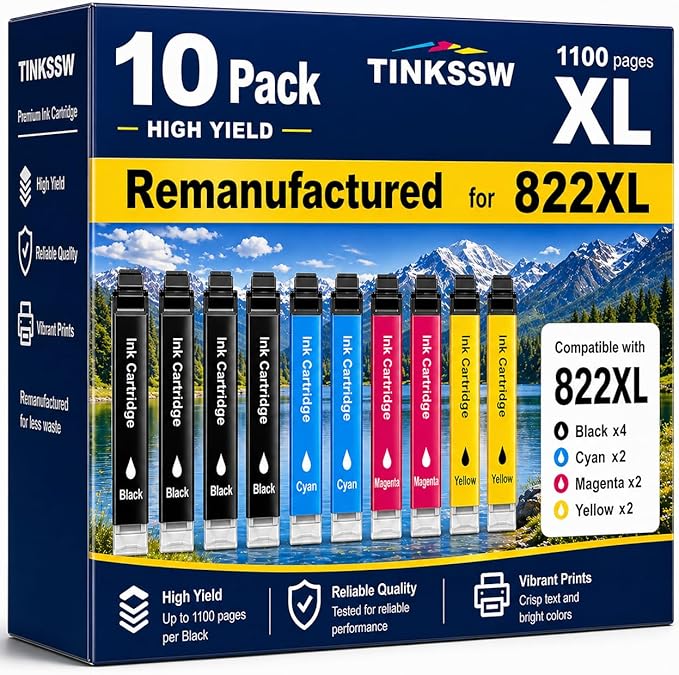 Remanufactured for Epson 822XL Ink Cartridges Replacement for 822 XL for Workforce Pro WF-3820 WF-3823 WF-4820 WF-4830 WF-4833 WF-4834 Printer 10 Pack