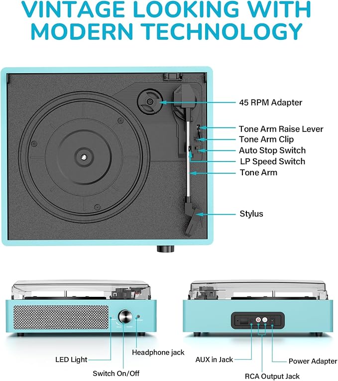 Vinyl Record Player with 2 Stereo Speakers Belt-Driven Vintage Turntables 3 Speed 3 Size Wireless Bluetooth Playback AUX-in RCA Out Headphone LP Vinyl Players Auto Stop Sky Blue