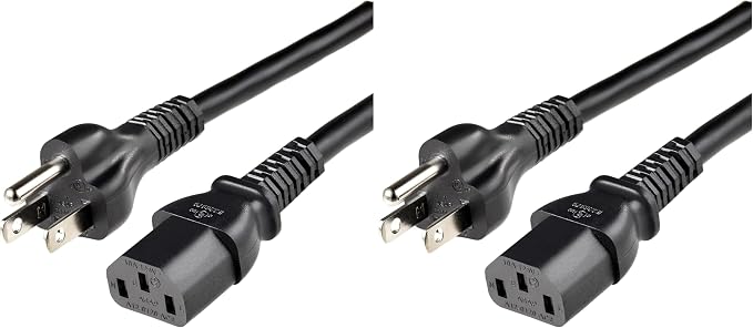 Amazon Basics PC Power Cord, 12 feet, Replacement AC Power Cord for Computer, Monitor, TV, Printer, 3 Prong, 18 AWG, 125 Volts, Black (Pack of 2)