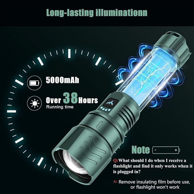 SKYFIRE LED Flashlights High Lumens,3000lm Super Bright Rechargeable,Zoomable,4 Modes,Waterproof Tactical Light for Camping Essentials,Outdoor and Home Emergencies-Green