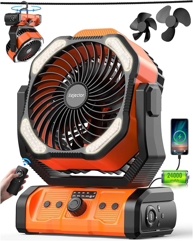 kejector Camping Fan 24000mAh Rechargeable Battery- Dual Motor & 8 Blades, Step-less Speed, Remote & Timer, Auto Swivel, 6 LED Light Modes, Hanging/Stand Anti‑Drop for Outdoor, Camping, Tent, Home