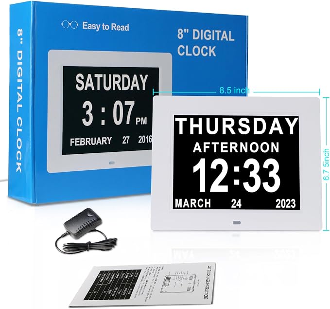 SSINI Dementia Clock Large Digital Calendar for Seniors with Date and Time - Elderly Digital Clock Large Display, 12 Custom Alarms (8 Inch)