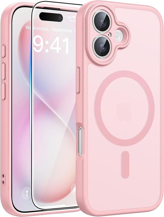 FNTCASE for iPhone 16 Plus Case: [Compatible with Magsafe] Translucent Matte Cases with [Full Camera Protection] [Screen Protector] Military Grade Shockproof Protective Phone Cover - Light Pink