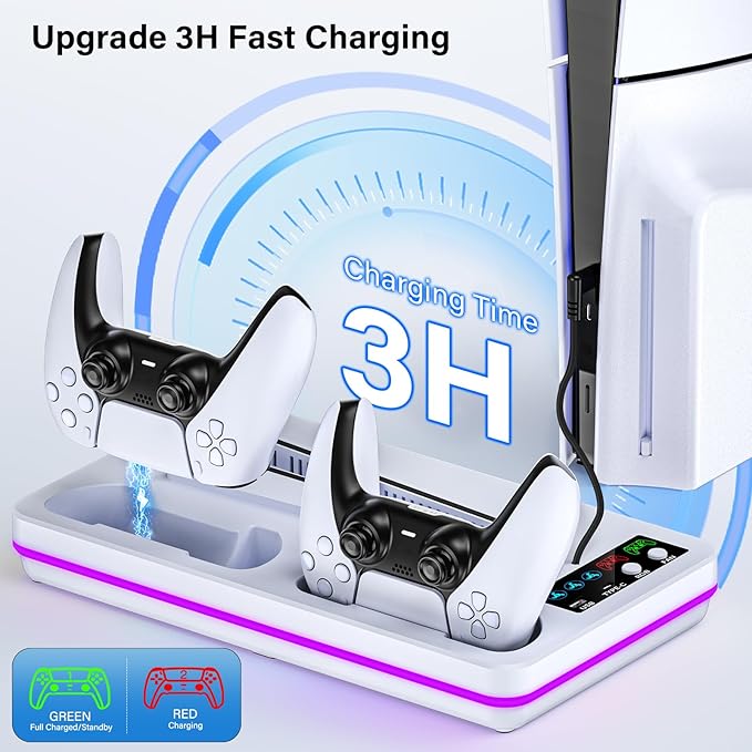 Fegliea PS5/PS5 Slim Stand with Cooling Station, PS5 Cooling Stand with Dual Controller Charging Station for PlayStation 5 Disc & Digital Console, PS5 Accessory with 10 LED Light, 3-Level Cooling Fan
