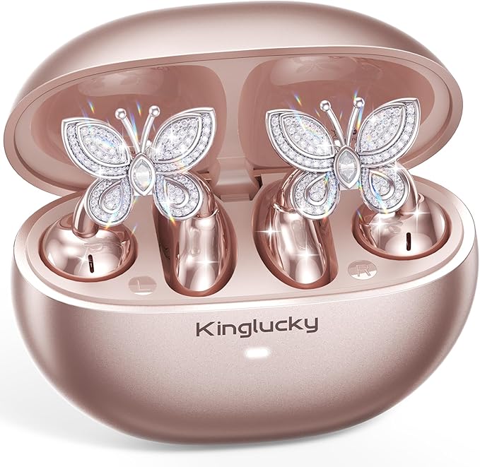 Kinglucky Clip-On Open Ear Earbuds with Detachable Butterfly Earrings, Bluetooth 6.0 Wireless Headphones for Women, 40H Playtime, Comfortable Fit for Small Ears, Sports, Glasses Wearers, Rose Gold