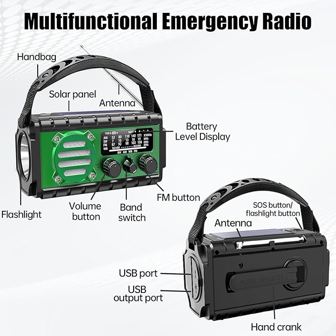 20000mah Hand Crank Emergency Radio,SW/NOAA/AM/FM Weather Radio, Solar Powered Hand Crank Chager with Bige Batery Powered,Portable,Cellphone Charge,SOS,Flashlight for Emergency (XSY-350-Army Green)