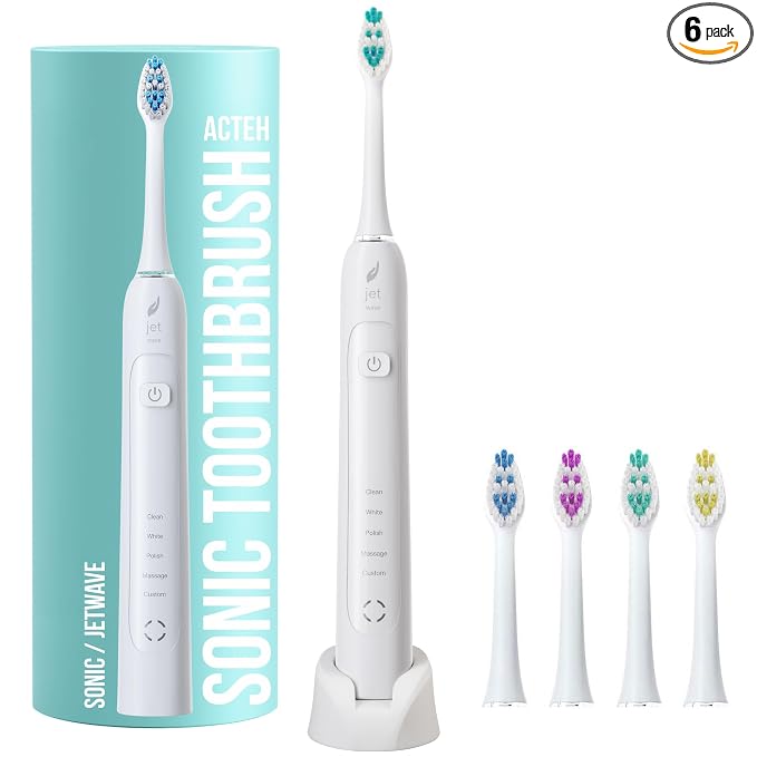 Acteh Sonic Electric Toothbrush, JetWave Rechargeable, Toothbrush w/ 5 Brushing Modes, 2min. auto-Timer, 30sec. Quad-Reminder and Long-Lasting, Extended Charge Battery (White)
