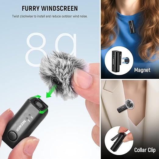 NEEWER KM23B Wireless Lavalier Microphone Bluetooth App Control, Compatible with iPhone Android Phone 8Hrs Battery Vocal Enhancement Noise Cancellation Volume Adjustment Low Cut for Streaming Vlogging
