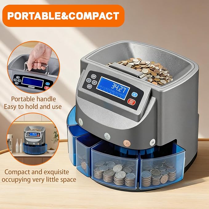 Coin Counter Machine,Coin Sorter Machine with LCD Display,Electric Coin Sorter Sort 270 Coins/Minute,500 Coins Capacity Automatic Change Counter,Applicable for Coins 1¢, 5¢, 10¢, 25¢, 1 Dollar