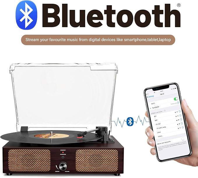 Vinyl Record Player Turntable with Built-in Bluetooth Receiver & 2 Stereo Speakers, 3 Speed 3 Size Portable Retro Record Player for Entertainment and Home Decoration