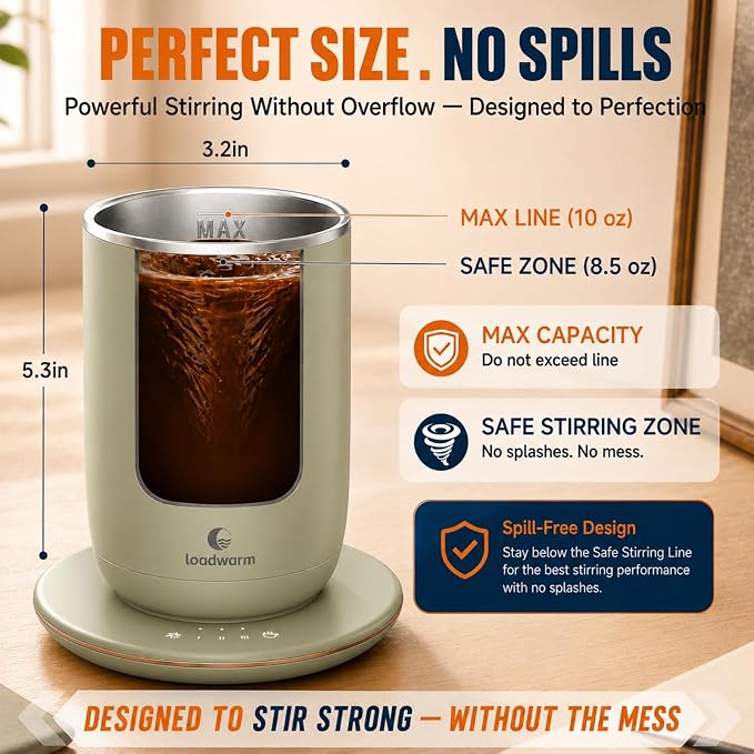 Self Heated Stirring Coffee Mug, 10oz Auto Mixing Cup with Warmer, Green | 3 temp settings, food-grade stainless steel interior, 8-hour auto shut-off, plug-in desk mug with Warmer for office home