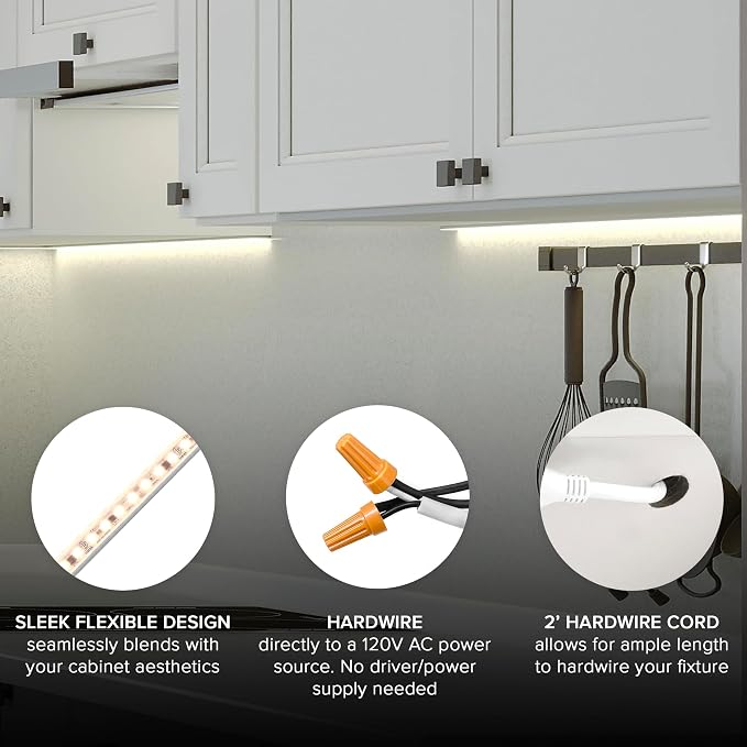 Maxxima 12 in. Hardwired LED Under Cabinet Strip Light, 460 Lumens, 3000K Warm White, Kitchen and Living Room 120V White Cove Lighting, No Power Supply Needed