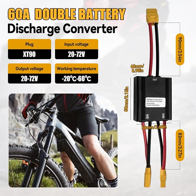 Double Battery Discharge Converter for E-Bike,DC 20V-72V DC Dual Battery Pack Switch Balancer XT90 Plug for Increase The Capacity by Connecting Two Batteries in Parallel Equalization Module (60A)