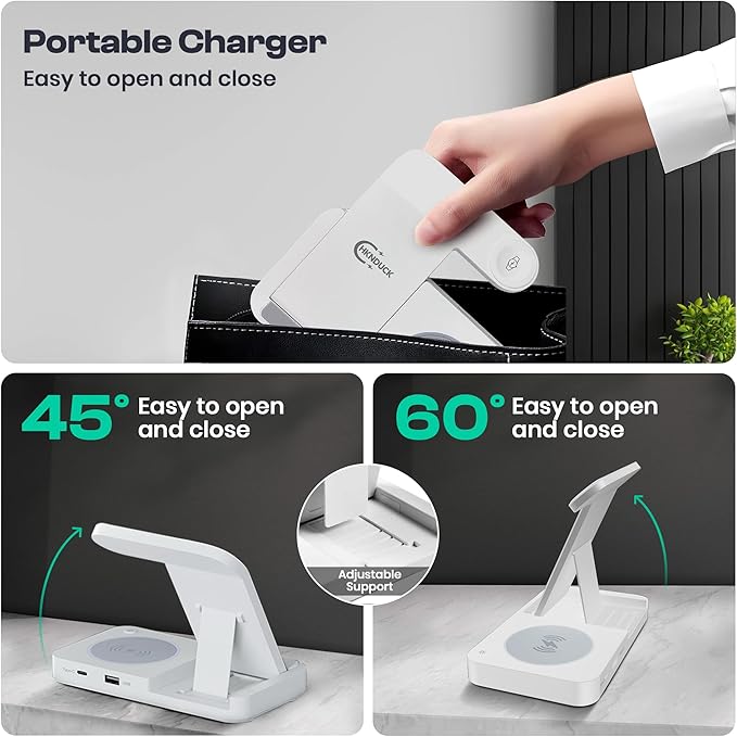 4 in 1 Wireless Charging Station for iPhone, Apple Watch & AirPods - Wireless Charger for iPhone Series 16/15/14/13/12 - Apple iWatch Series 7/9/8 with Extra USB Port & Foldable Design – White