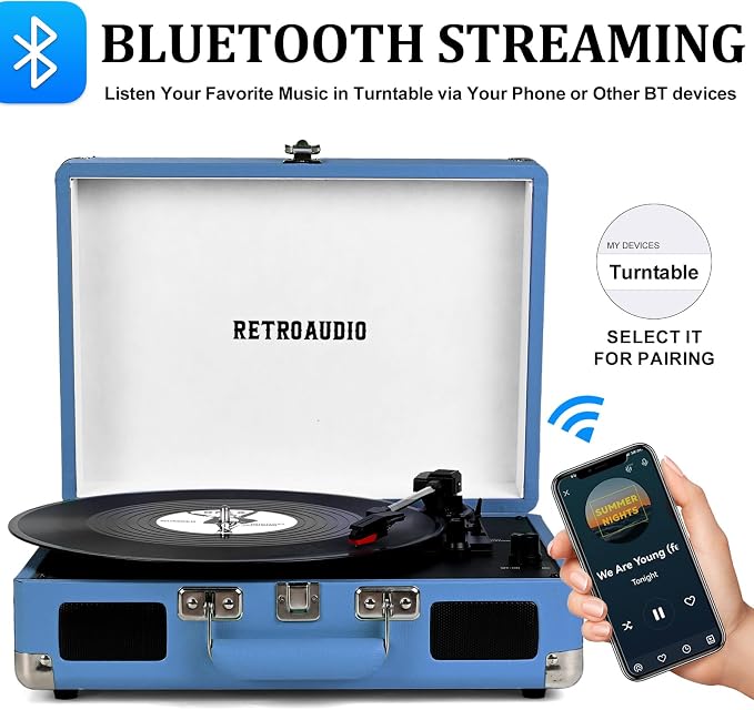 Vinyl Record Player Bluetooth Vintage Portable Suitcase Turntable with Built-in Speakers 3-Speed Belt-Driven Record Player Support RCA Output and Headphone Output
