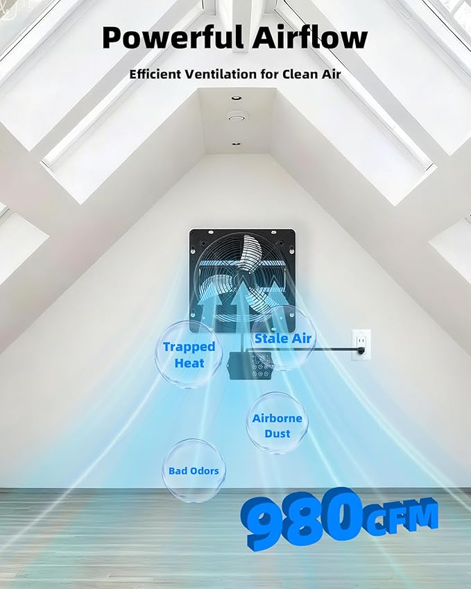 12 Inch Upgraded Shutter Exhaust Fan with Thermostat & Remote Control, Automatic On/Off by Temperature, 980 CFM Wall Mounted Garage Fan for Attic, Greenhouses, Sheds, Chicken Coops & Shops