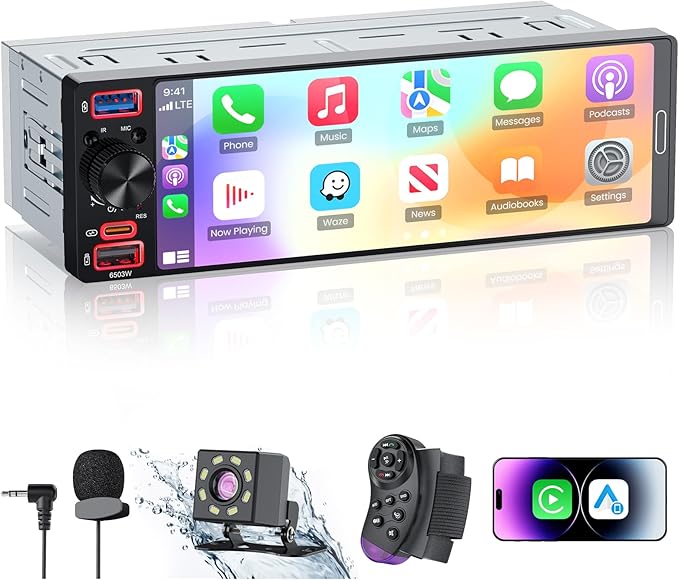 Single Din Radio Car Stereo with Apple CarPlay & Android Auto, 6.5” InCell Touchscreen Car Radio with 1080P Backup Camera, Mirror Link, Bluetooth 6.0, GPS, AM&FM, USB & Type-C Fast Charging