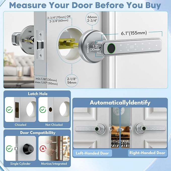 Fingerprint Door Lock, Door Locks for Bedroom, Keyless Entry Door Knob with Handle,Generate Passcode Remotely-Smart Door Lock for Apartment, Office (Silver 02)