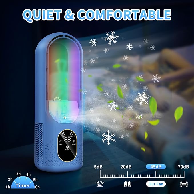 Desk Fan Bladeless - 6-Speed Portable Air Conditioner Fan - 3-in-1 Personal Cooling Fan -Small AC Unit With 200ml Water Tank/1-6H Timer/USB Powered Evaporative Air Cooler Table Fan for Bedroom Office