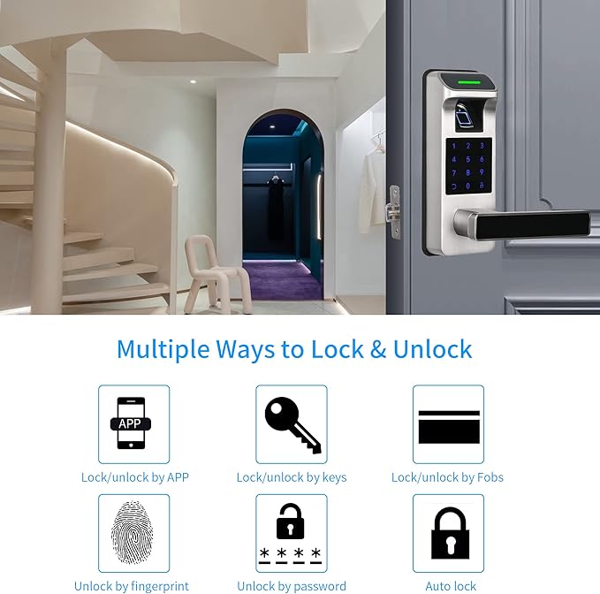 Fingerprint Door Lock, Heavy Duty Full APP Control Touchscreen Keypad Keyless Lock with Reversible Handle, Perfect for Home/Office/Bedroom Doors (Satin Nickel)