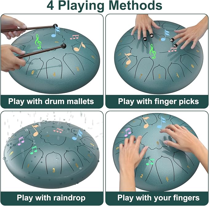 D Major Steel Tongue Drum Handpan, 12 Inch 13 Note Rain Drum for Garden Outside, Meditation Rain Chime, Musical Percussion Instrument for Adult Gift with Bag, Music Book, Drum Mallets (Moss Blue)