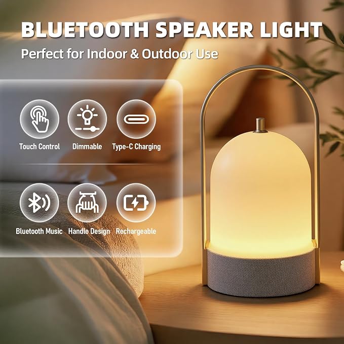 LED Table Lamps Wireless with Bluetooth Speaker, USB-Powered Music Table Lamp with 3 Dimmable Light Modes, Portable Smart Night Lights for Party, Camping Atmosphere, Home, Reading 2 Pack