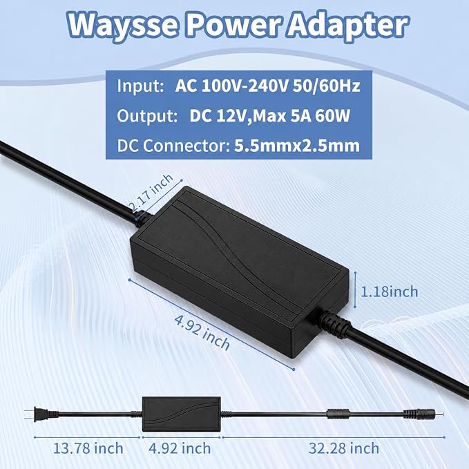 12V 5A Power Supply, Waysse AC DC Adapter, Converter 100-240V to 12 Volt 5 Amp Transformer 5.5x2.1mm Plug for LED Strip Light DVR NVR Security Cameras System