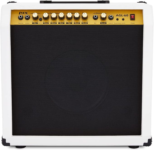 LyxPro 60 Watt Electric Guitar Amplifier | Combo Solid State Studio & Stage Amp with 10” 4-Ohm Speaker, Custom EQ Controls, Drive, Delay, ¼” Passive/Active/Mic Inputs, Aux In & Headphone Jack - White