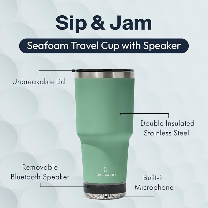 Vibe 28 oz Tumbler with Bluetooth Speaker, Insulated Stainless Steel Travel Cup with Lid, Hot & Cold Drink Beverage Container, Removable Speaker with Microphone, Rubber Base, Seafoam