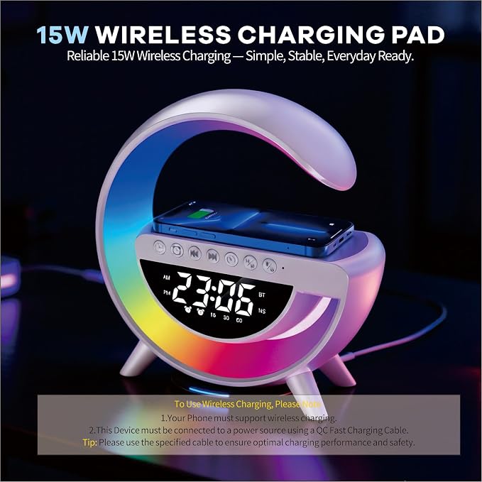 15w Wireless Charging Ambient Light Bluetooth Speaker Alarm Clock Multifunctional G-Type Colorful Bedroom Light Desktop Creative Ornament