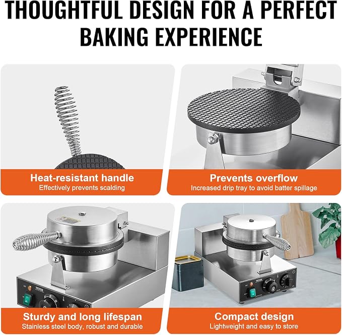 VEVOR Electric Ice Cream Cone Maker, Commercial 1230W Waffle Cone Machine, Non-Stick Stainless Steel Egg Roll Mold, with Temperature and Time Control, Handle, for Restaurant Bakery Snack Bar Family