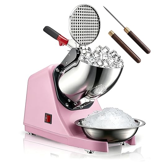 Electric Ice Shaver Crusher Pink 300W Snow Cone Maker Machine 143lbs/hr Shaved Ice Machine Stainless Steel Electric Ice Crush Free Ice Pick Ice Cube Tray